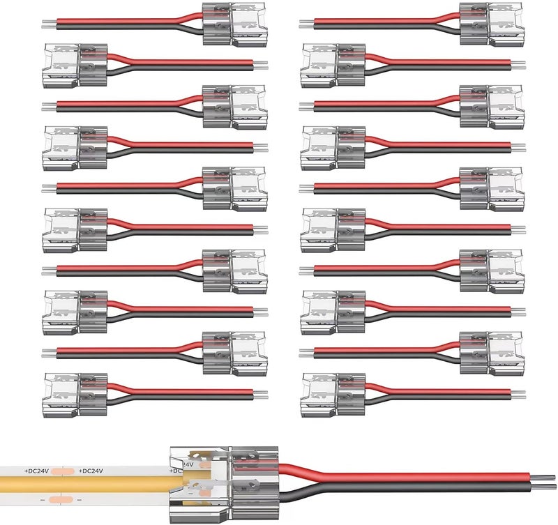 VISDOLL 20 Pack COB LED Connectors, Single-Ended Extension Cable 15CM Solderless Pin Header 2Pin 8mm Transparent PC Low Voltage Single Color Light Strip Cable, Suitable for DIY COB/SMD Light Strips - Image 1